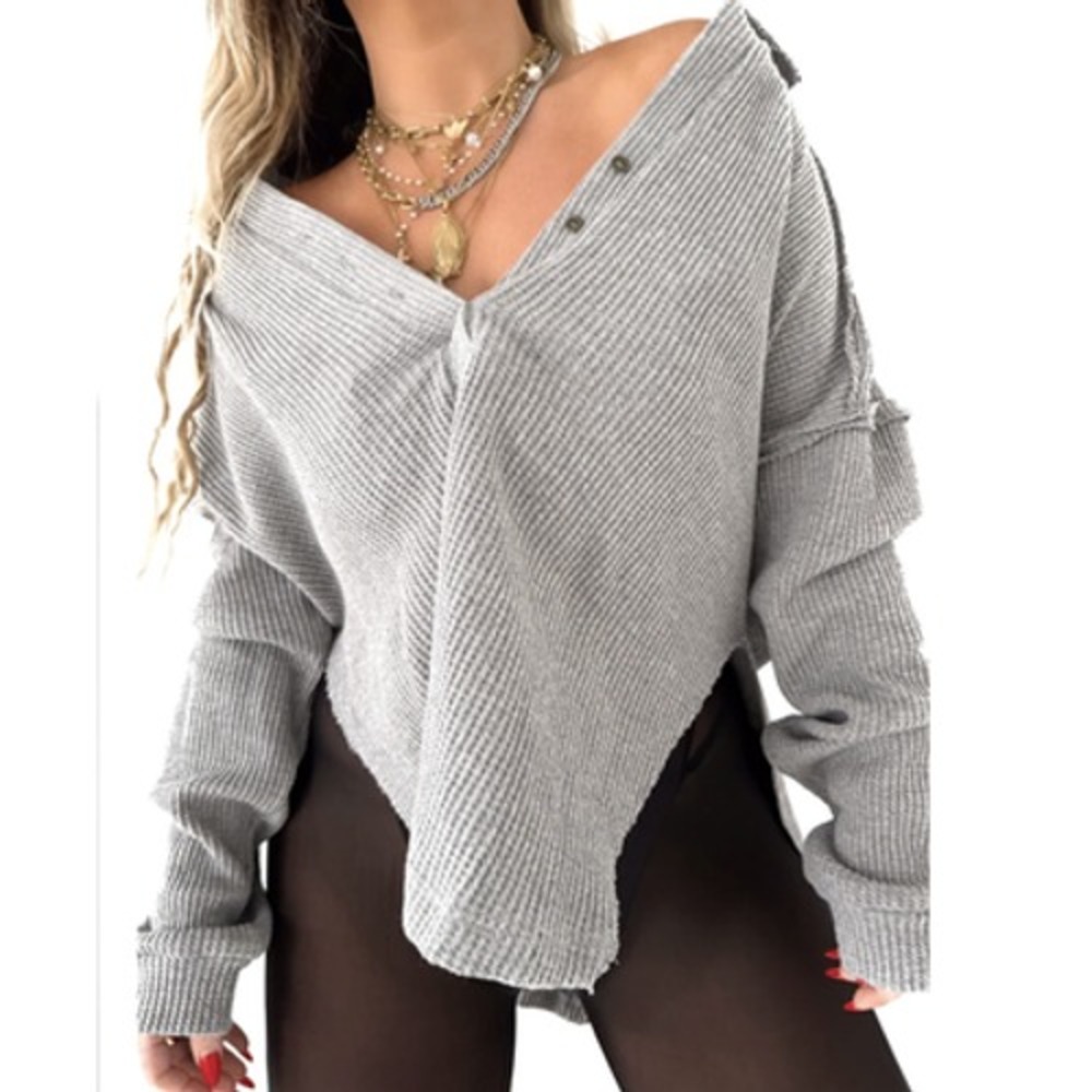 Pebby Forevee Henley Top Womens L/XL Gray Waffle Knit Long Sleeve Relaxed Fit